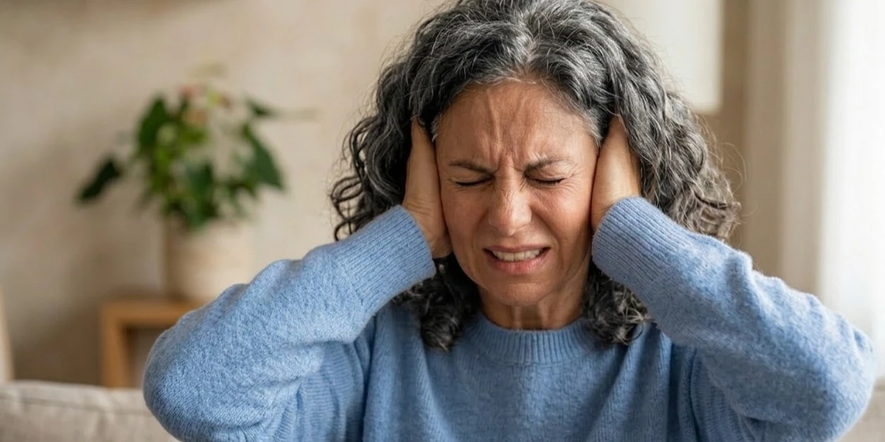 Older American man holding his ear in distress due to chronic tinnitus ringing at night