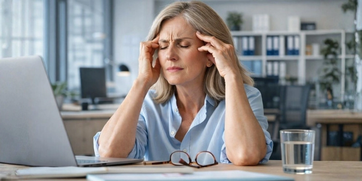 Woman at work suffering from ringing in her ears